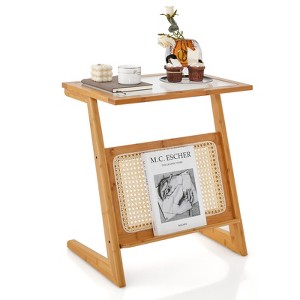 Tangkula 1pc/2pcs Z-shaped Side Table w/ Rattan Shelf Glass Top End Table w/ Magazine Rack Space-saving Sofa side Bedside Table - 1 of 4