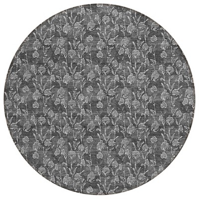 Gray Charcoal And Silver Floral Washable Indoor Outdoor Area Rug