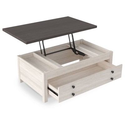 Brown and White Rectangular Lift-Top Coffee Table with Storage