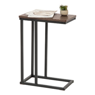 Versatile C-Shaped Wood and Metal Side Table in Classic Brown
