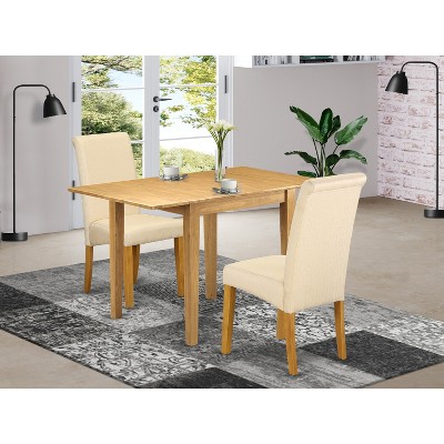 HomeStock Dining Set 3 Pc - 2 Dining Room Chairs and a Breakfast Table - Oak Finish Wood - Light Baige Color Linen Fabric