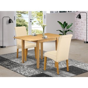 HomeStock Dining Set 3 Pc - 2 Dining Room Chairs and a Breakfast Table - Oak Finish Wood - Light Baige Color Linen Fabric - 1 of 3