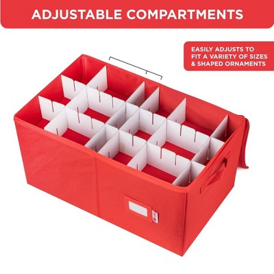 Red Polyester Christmas Ornament Storage Box with Dividers