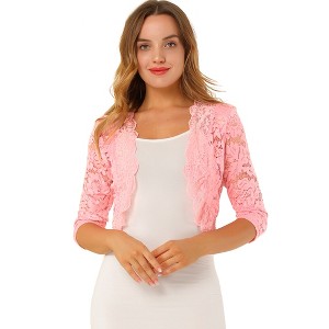 INSPIRE CHIC Women's Elegant 3/4 Sleeve Sheer Floral Lace Open Front Crop Shrug - 1 of 4