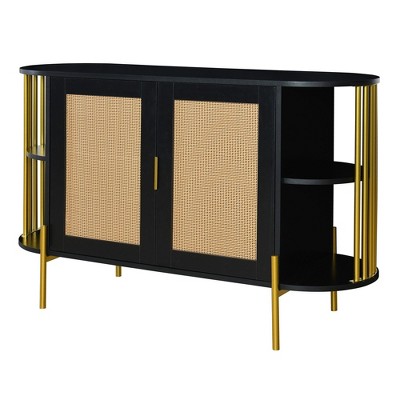 NicBex 47.2 Inch 2-Door Curved Storage Cabinet with Gold Trim and Woven Rattan Doors for Living Room,Kitchen,Hallway