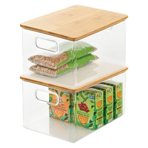 mDesign Linus Formbu Clear Plastic Stackable Storage Organizer Bin w/  Bamboo Lid Built-In Handles - 11.5 x 8.5 x 6.25, 2 Pack