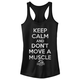 Juniors Womens Jurassic Park Keep Calm and Don't Move a Muscle Racerback Tank Top - 1 of 4