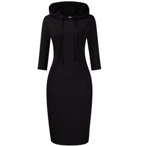 Women's Sweatshirt Dress 3/4 Sleeve Hoodie with Front Pocket Knee Length Slim Fit Pullover Hoodie Dress,Black - XXL - 1 of 4