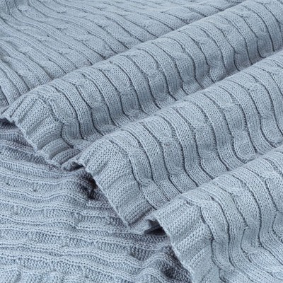 Light Blue Knitted Cable Design Throw Blanket
