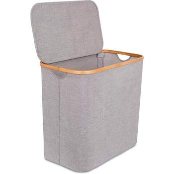 BirdRock Home Bamboo & Canvas Hamper with Cut Out Handles - Grey
