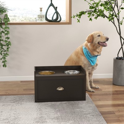 23" Dog Feeding Station with Storage,Elevated Dog Bowls for Large Dogs,Pet Food Storage Cabinet with Drawer,2 Stainless Steel Bowls-LAOTIES