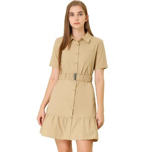 Allegra K Women's Belted Ruffled Hem Button-Down Cotton Safari Shirt Dress - 1 of 4