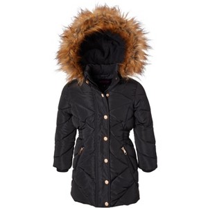 Sportoli Girls Fleece Lined Quilted Midlength Fur Trimmed Hood Winter Puffer Coats - 1 of 4