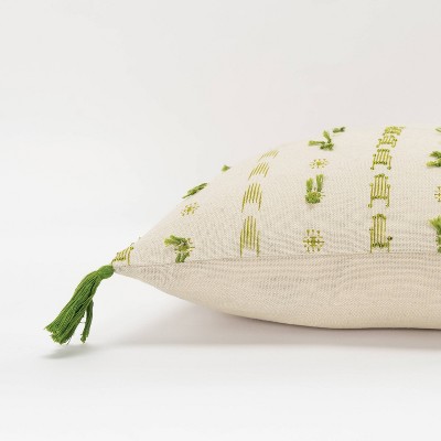 Beige and Green Embroidered Cotton Lumbar Pillow with Tassels