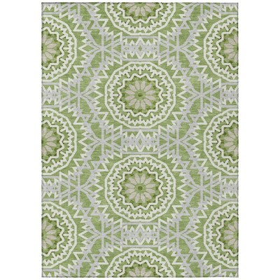 Olive Green And Ivory Floral Medallion Washable Indoor Outdoor Area Rug
