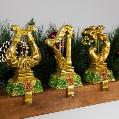 Gold Glittered Harp Christmas Stocking Holders Set of 3