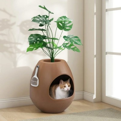LunaLulinlk Brown cat litter box set with artificial plants, additional scoop, and replaceable litter box liner
