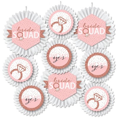 Big Dot of Happiness Bride Squad - Hanging Rose Gold Bridal Shower or Bachelorette Party Tissue Decoration Kit - Paper Fans - Set of 9