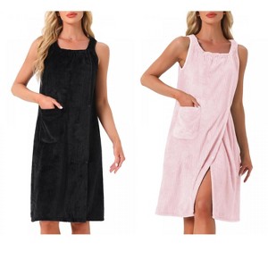 INSPIRE CHIC Women's 2 Pcs Shower Wrap Wearable Button Bath Towel Robe Sleeveless Snap Dress with Pockets - 1 of 4