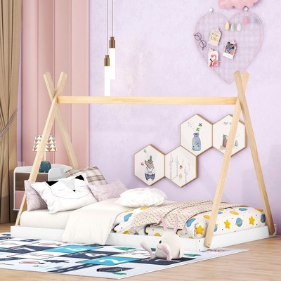 NicBex Full Size Wood Tent Montessori Bed with Triangle Structure,Floor Bed with X-Shaped Safety Railings,Modern Toddler Bed for Bedroom