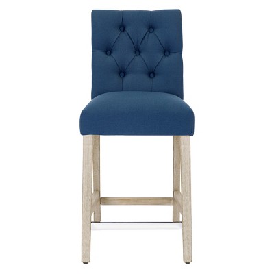 Blue Linen Tufted Bar Stool with Wood Legs, Set of 2