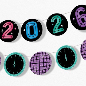 Big Dot of Happiness Colorful New Year Garland Banner, 2026 New Year's Eve, 30 Ft of Cord, 15 Paper Disco Balls Midnight Clock Shapes Double-Sided - 1 of 4