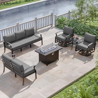 ALAULM Aluminum Patio Furniture Set 7-Seat Modern Metal Outdoor Conversation Sets w/45in Propane Fire Pit Table, Swivel Rocking Chairs, Black