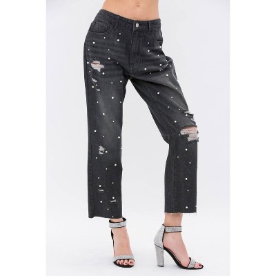 Women's Pearl Embellished Ripped Denim Jeans - VOCAL APPAREL