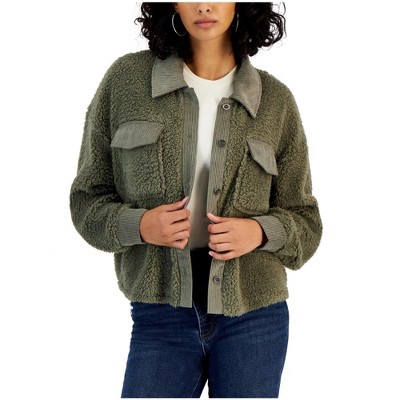 Hippie Rose Womens Corduroy Trimmed Faux Shearling Fleece Jacket, Green, Small