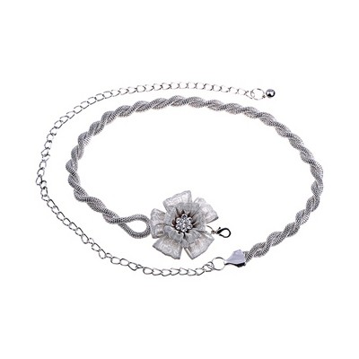 Anna-Kaci Women's Rhinestone Flower Accent Waist Chain with Adjustable Extender - Silver