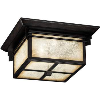 Franklin Iron Works Mission Flush Mount Outdoor Ceiling Light Fixture Walnut Bronze 15" Frosted Cream Glass Damp Rated for Exterior House