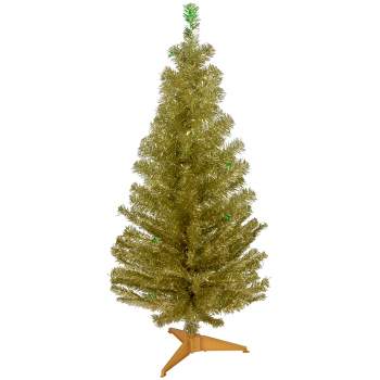 Northlight 4' Pre-Lit Gold Iridescent Tinsel Slim Artificial Christmas Tree - Green Lights