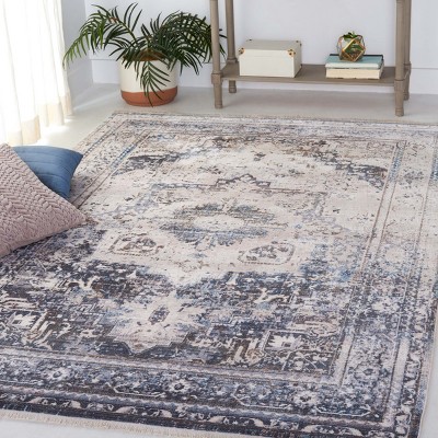 Ivory and Blue Synthetic Hand-knotted Rectangular Area Rug, 5' x 7'