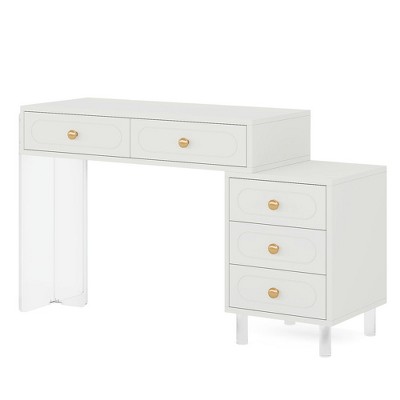 Resenkos Computer Desk, Office Desk, Study Desk,5-Drawer Computer Desk with Transparent Acrylic Base and Legs,White