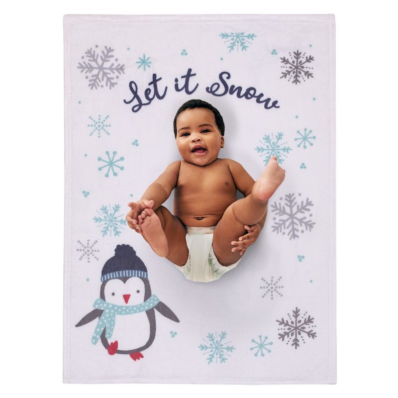 NoJo Penguin White, Aqua, and Gray "Let it Snow" Christmas Photo Op Super Soft Baby Blanket, 2 of 5