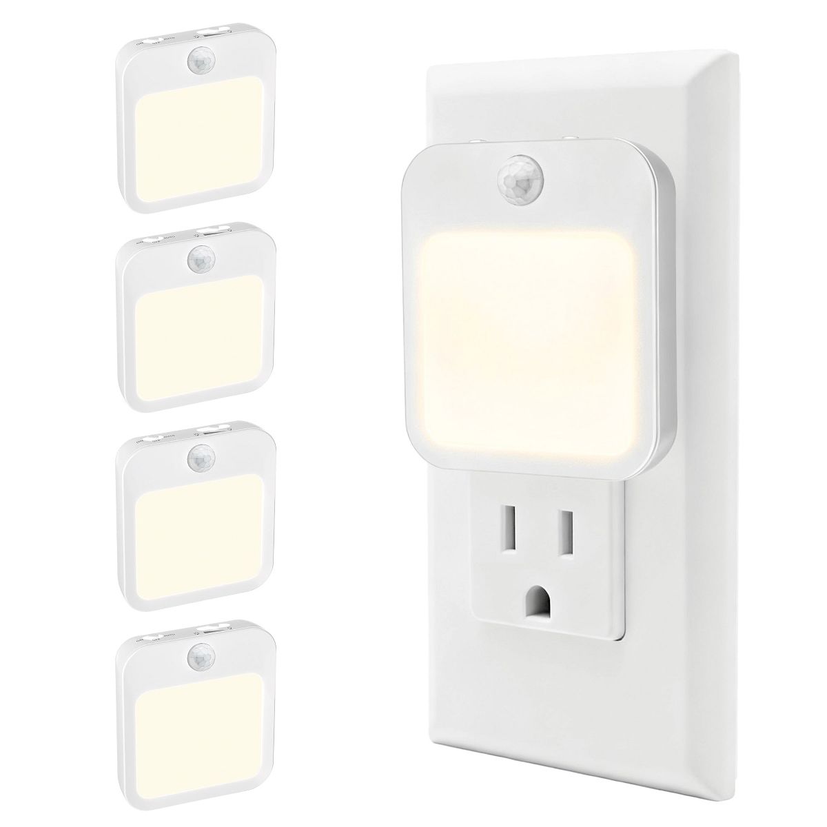 Plug-In Motion Sensor Night Light, Dusk-to-Dawn LED with Stepless Dimming, Energy-Saving White 4 pcs