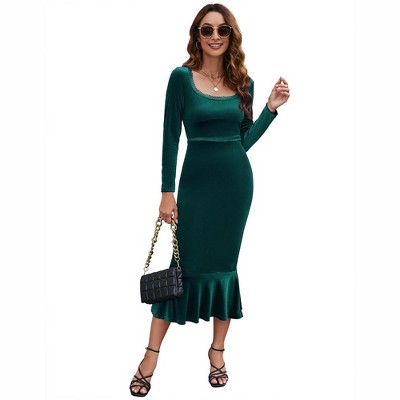 Women Mermaid Dress Long Sleeve Scoop Neck Velour Elegant Maxi Dress for Formal Occasion Bodycon Dress with Lace Trim