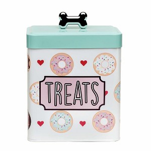 Amici Pet Barkers Dozen Metal Treats Canister - Colorful Cartoon Donut Design Storage Tin with Silver Bone Knob Lid, Food Safe - 96 oz - 1 of 4