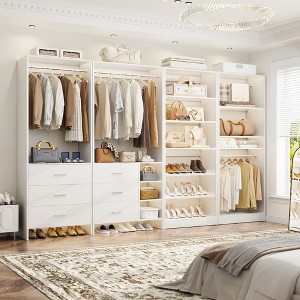 Besiost Set of 4 Closet Organizer System with Wood Drawers, 104-In Freestanding Wardrobe with Shoe Racks and Hnaging Rods - 1 of 4