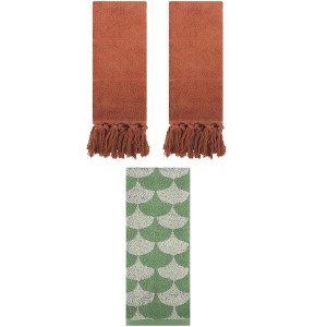 REGALWOVEN 3 Packs Geometric and Solid Absorbent Soft Cotton Hand Towel Set - 1 of 4