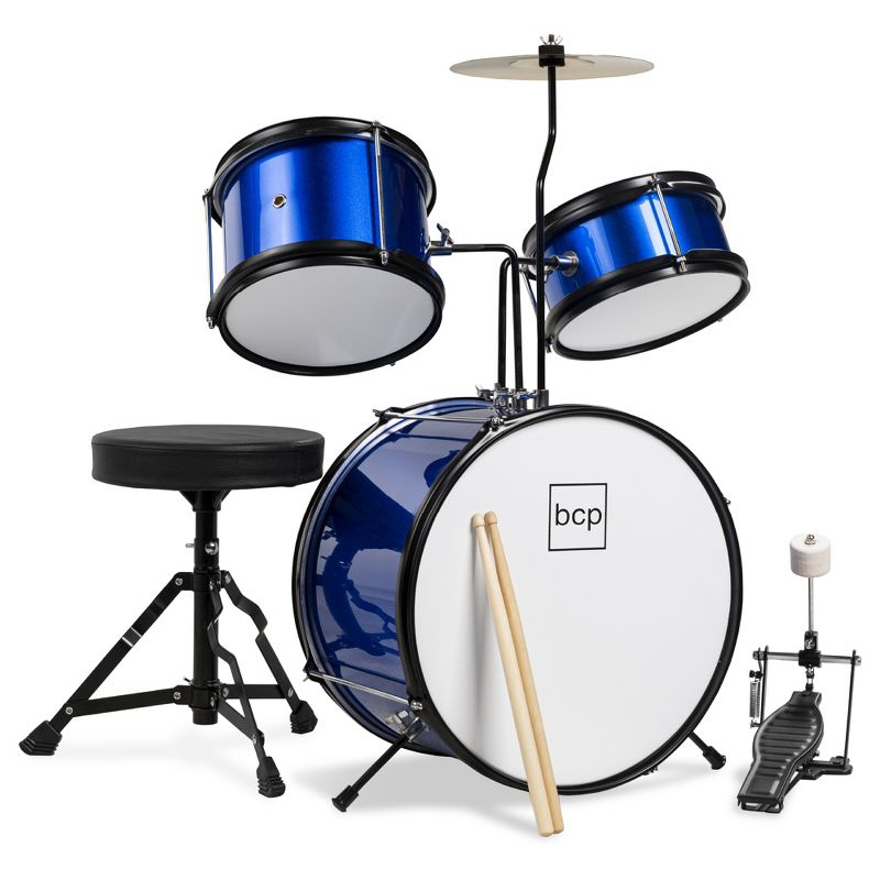 Best Choice Products Kids Beginner 3-Piece Drum, Musical Instrument Set w/ Sticks, Cushioned Stool, Drum Pedal, 1 of 10