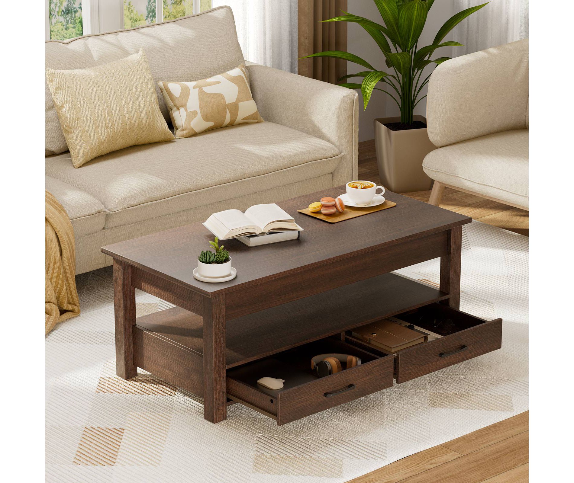 Greenstell 47.2 Inch Vintage Solid Wood Gas Pressure Lift Coffee Table with Drawers and Hidden Compartments for Storage, Espresso