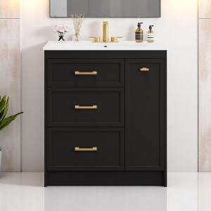 Mshliw 30" Classic Bathroom Vanity with Ceramic Sink, 3 Drawers Including Double-Layer, Gold Handles, for Small Spaces - 1 of 4