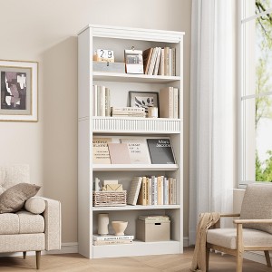 71 Inch Farmhouse Bookcase with Double Fluted Design & Wooden Base, 5 Tier Tall Bookshelf for Office Library - 1 of 4