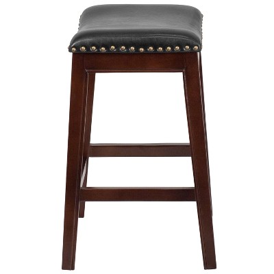 Elegant Backless Black Leather and Cappuccino Wood Counter Stool
