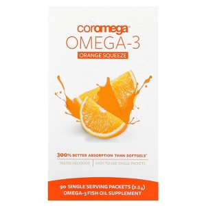 Coromega Omega-3, Orange Squeeze, 650 mg, 90 Single Serving Packets, 2.5 g Each - 1 of 3