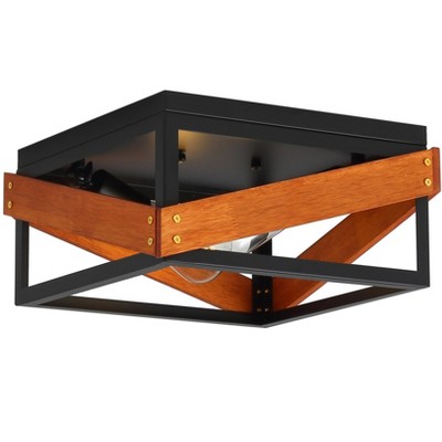 Modern Industrial Flush Mount Light, Square Wood Frame Ceiling Fixture for Entryway Kitchen Foyer