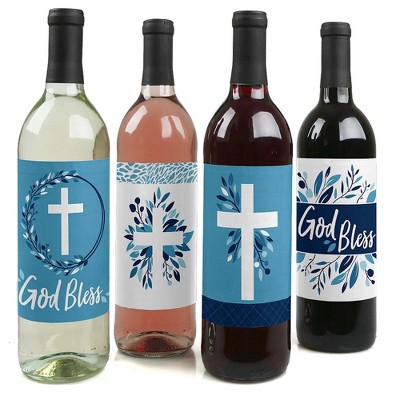 Big Dot of Happiness Blue Elegant Cross - Boy Religious Party Decorations for Women and Men - Wine Bottle Label Stickers - Set of 4