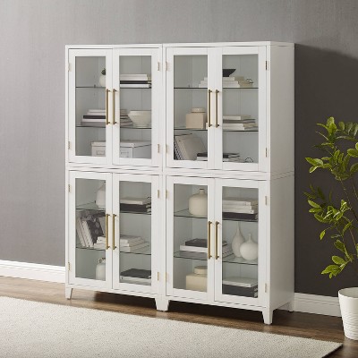 White Glass Door Kitchen Pantry Storage Cabinet Set with Gold Hardware