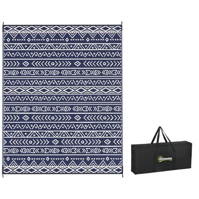 Outsunny Outdoor Patio Rug, Large Camping Carpet with Carrying Bag, 8' x 10' Waterproof Plastic Straw, Reversible, Blue & White Geometric